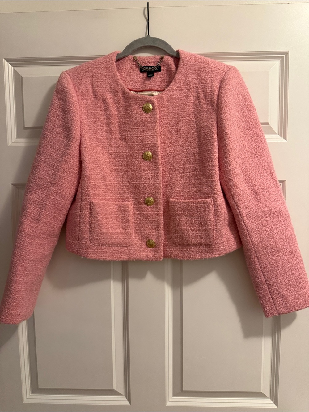 J. Crew Pink Tweed Collarless Cropped Blazer with Gold Buttons